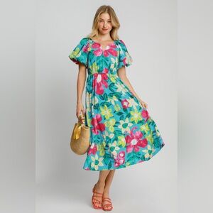 Umgee Full Size Tiered Floral Print Notched Puff Sleeve Midi Dress Plus Size